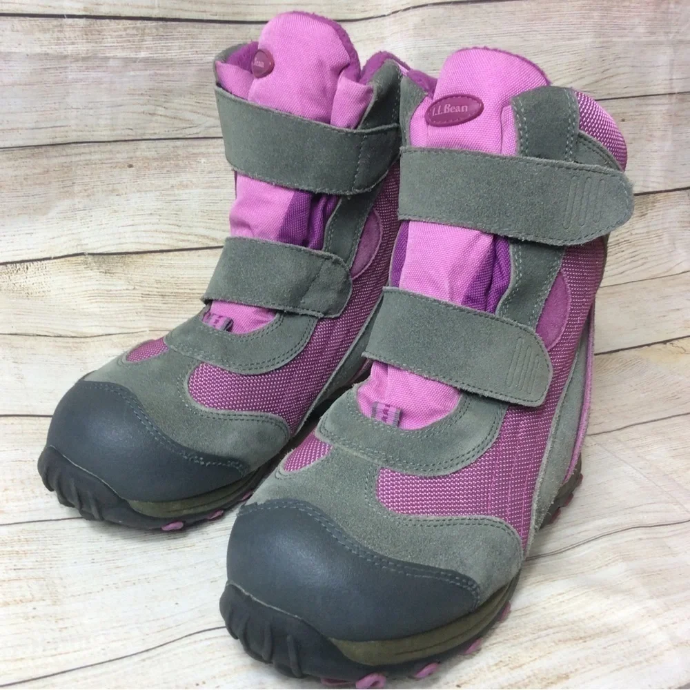 L.L. Bean, pink/gray suede leather snow boots. Kid size 5.